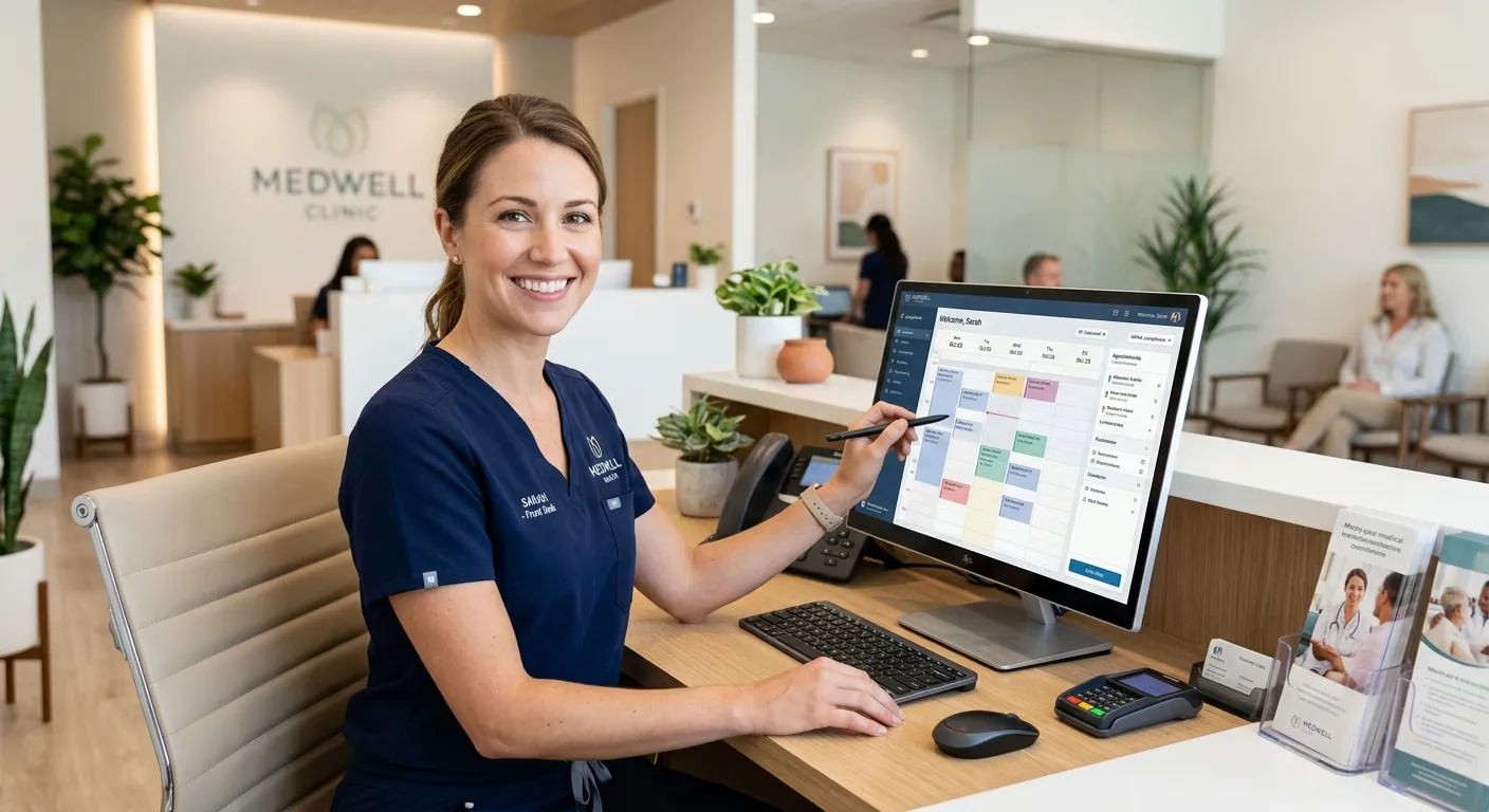 Clinic team member reviewing a scheduling workflow at the front desk